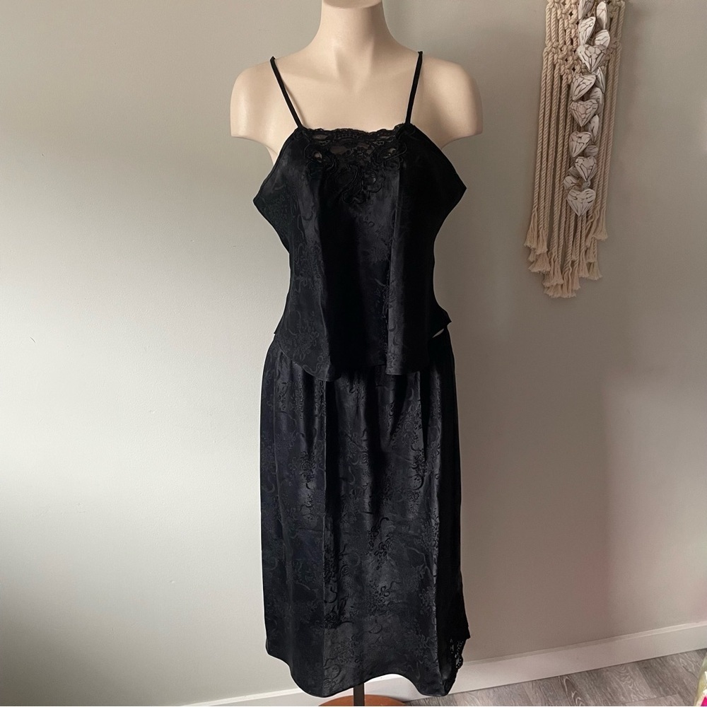 90s Vintage La Lingerie Satin Lace 2 Piece Lingerie Camisole Slip Skirt Set M/L